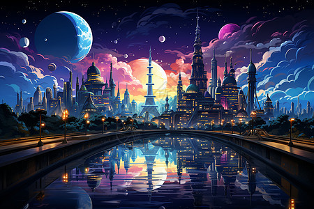 夜幕下未来城市插图图片