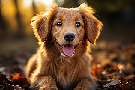 秋季户外开心的金毛犬背景图片