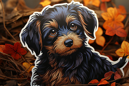 秋天叶子里坐着一只狗图片