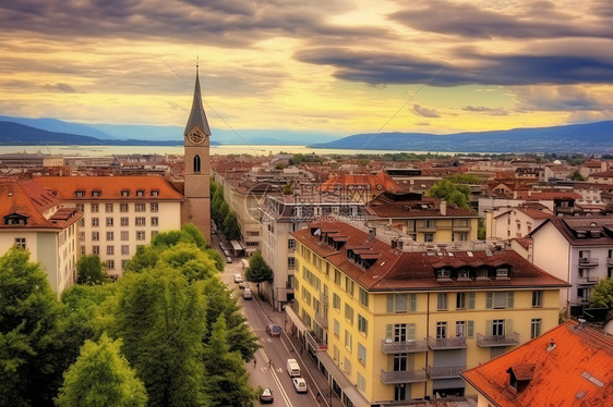 瑞士城市中的钟楼图片