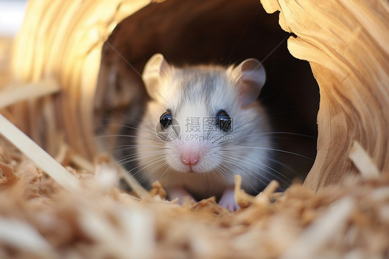 小白鼠在木质通道里图片