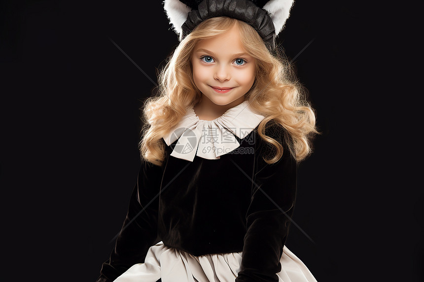猫咪装扮的外国小女孩图片