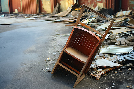街头废墟旁边的椅子图片