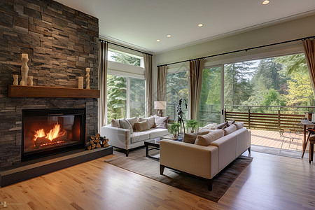 林间景致的壁炉客厅高清图片