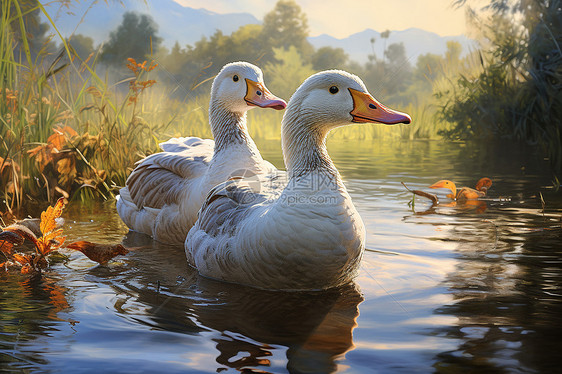 两只鸭子在湖面上游泳图片