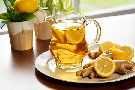 柠檬姜茶与花束背景图片