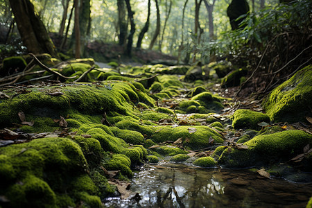 青翠森林中的溪流背景图片