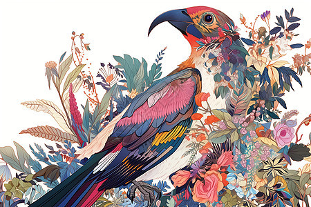 鲜花丛中的彩色鸟儿背景图片
