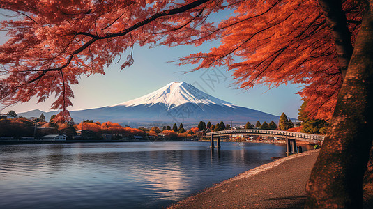 富士山枫叶日本富士山季节美景背景