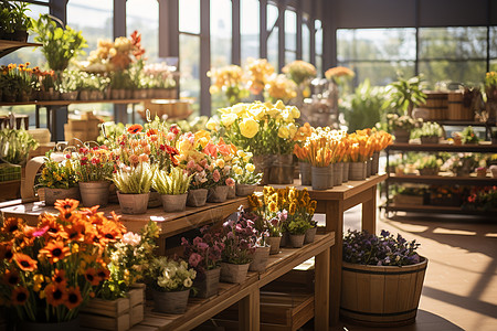 鲜花市场室内的美丽盆栽背景