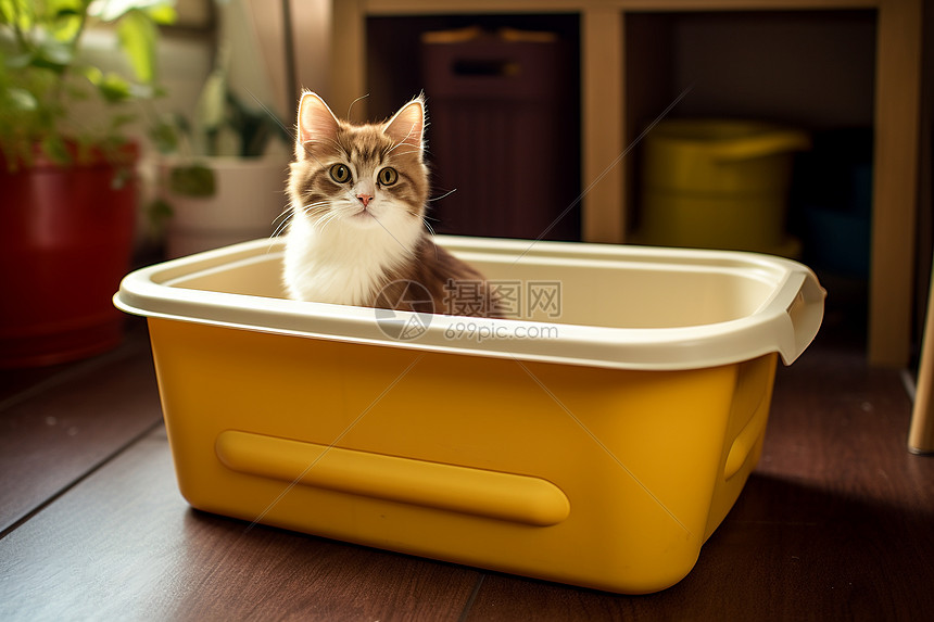 猫咪在黄色容器中图片