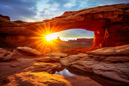 太阳穿过红色岩石拱门图片