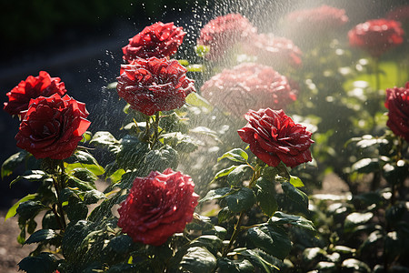 浇灌喷头下的红玫瑰背景图片