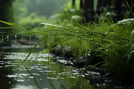 雨中的河边植物背景