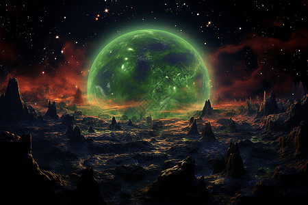 星空中有一颗绿色的星球高清图片