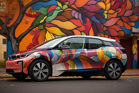 彩绘背景墙下的炫彩汽车背景图片