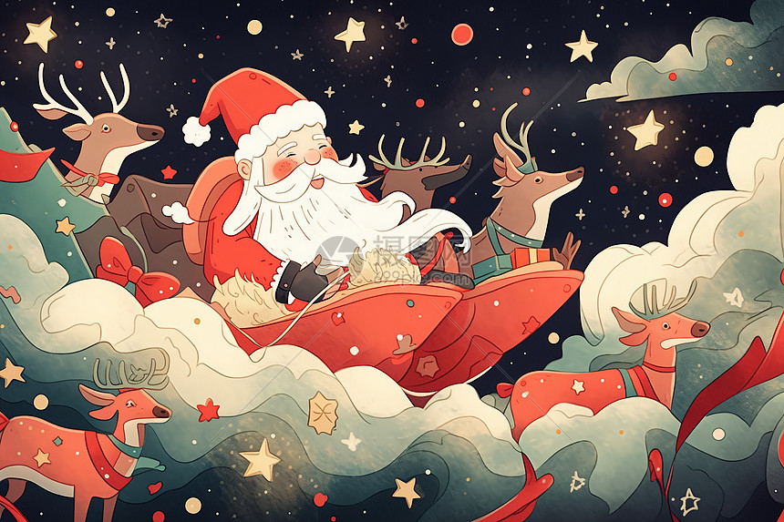 圣诞老人和驯鹿在星空下飞行的可爱二维艺术作品图片