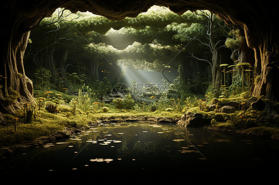 森林洞穴中的河流图片