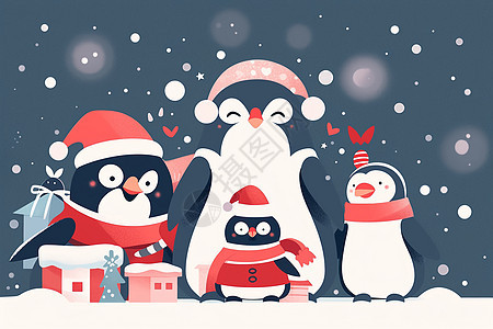 可爱的企鹅在雪地中背景图片