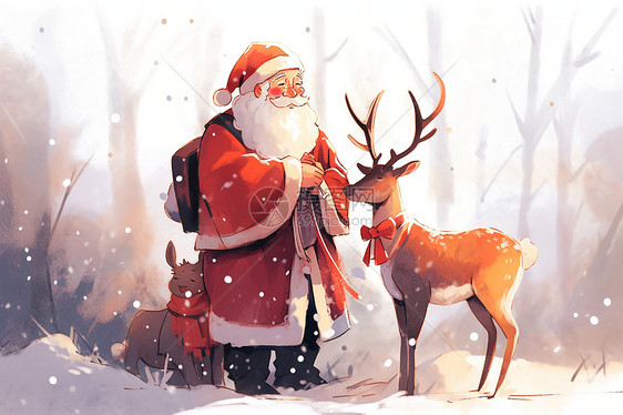 圣诞老人和他的驯鹿在雪地中图片