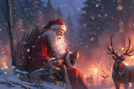 夜晚相伴圣诞老人与驯鹿相伴在森林的雪中插画