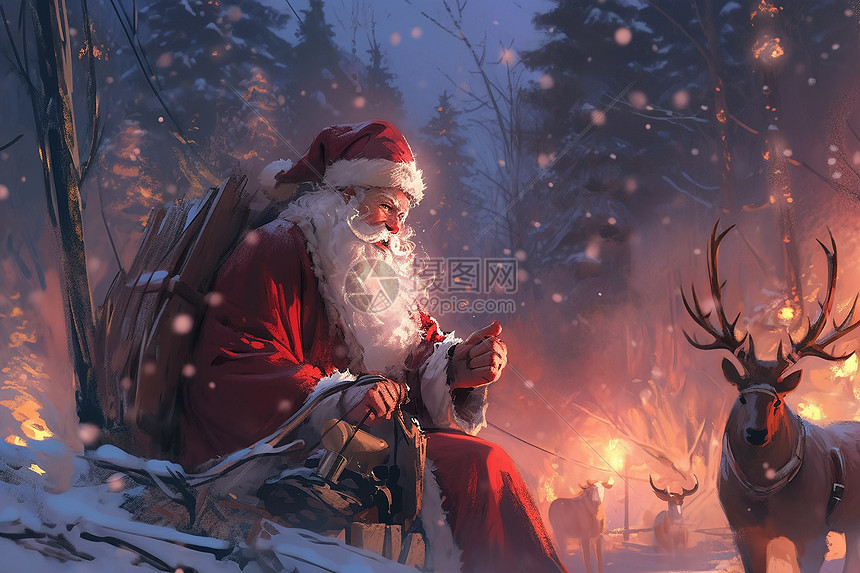 圣诞老人与驯鹿相伴在森林的雪中图片