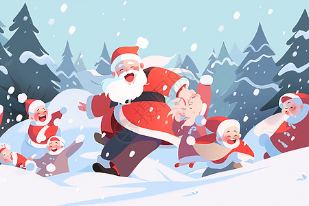 欢快的圣诞老人和孩子们一起打雪仗图片
