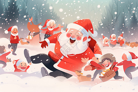 圣诞老人与孩子们在雪地玩耍图片