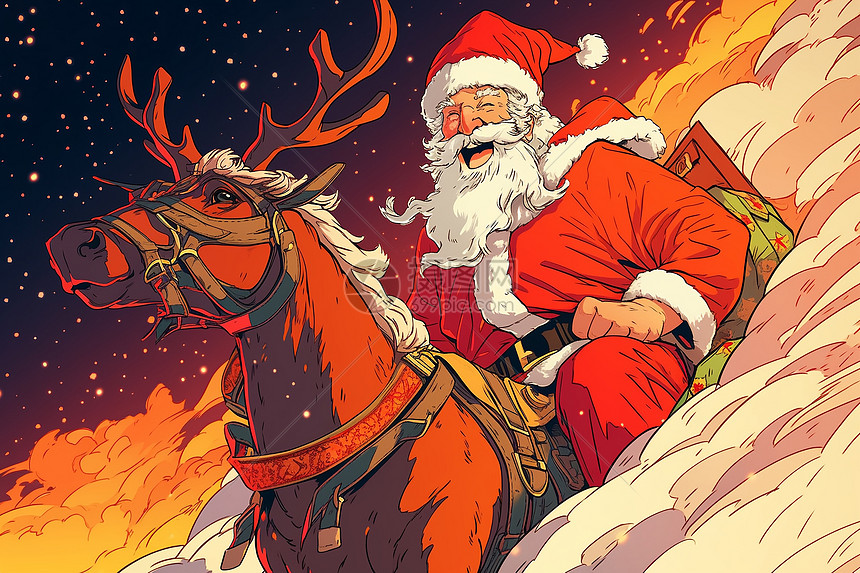 快乐的圣诞老人和驯鹿图片