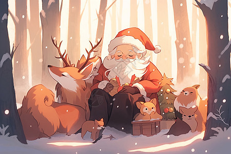 森林中的圣诞老人与动物们图片