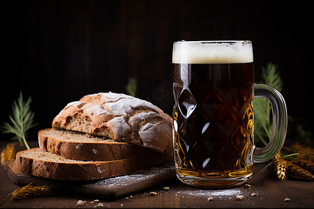 一瓶啤酒和一块面包放在桌子上图片