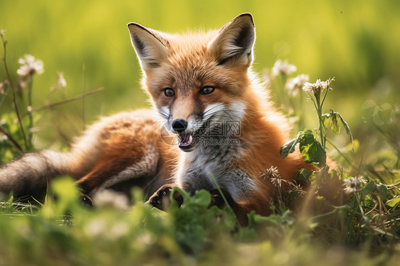 草地休憩中的红狐狸图片