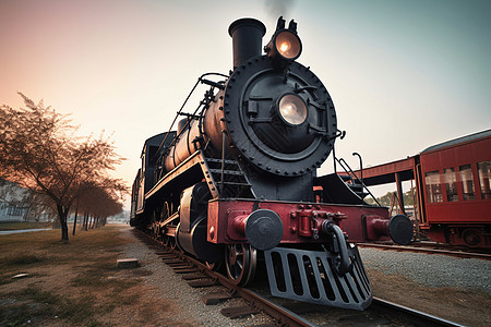在轨道上行驶的复古火车背景图片