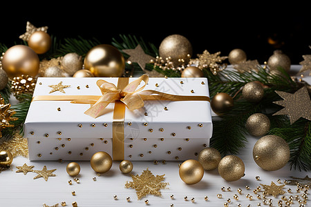金色圣诞球金色礼品盒背景