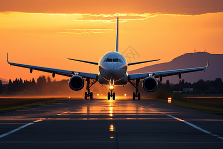 夕阳下一架飞机背景图片