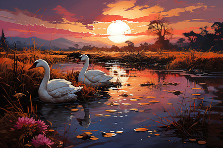 夕阳下的鹅插画图片