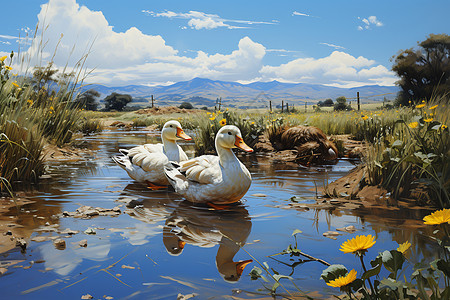 宁静河流里的鸭群图片
