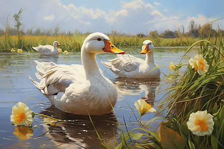 池塘的鸭群图片