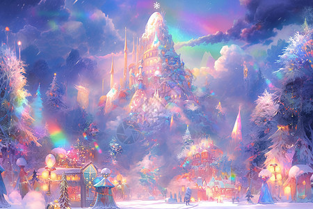 彩虹童话中的雪村之旅高清图片