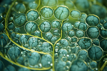 水滴中的绿色植物特写图片