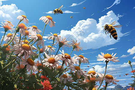 蜜蜂授粉鲜花的自然景观图片