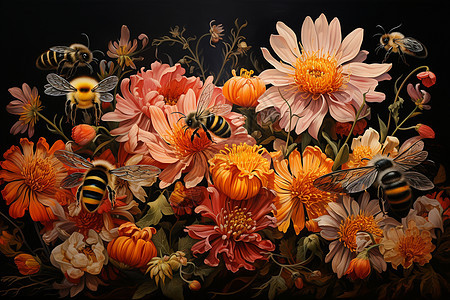 蜜蜂徘徊花丛间的油画插图图片