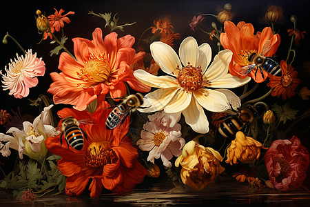 蜜蜂采蜜的油画插图图片