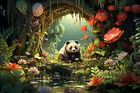 体素熊猫与自然共融的卡通插图图片