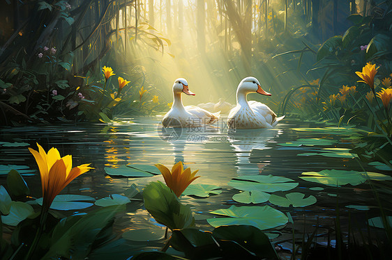 宁静池塘的鸭子图片