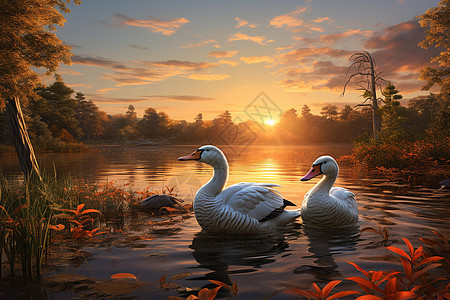 日出湖泊中的鸭群图片