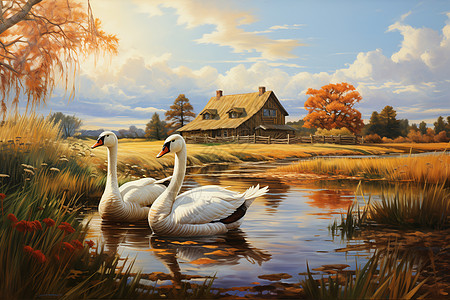 恬静美景中的鹅群背景图片