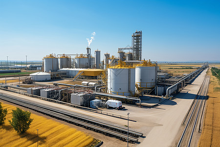 鸟瞰视角下的麦田加工厂背景图片