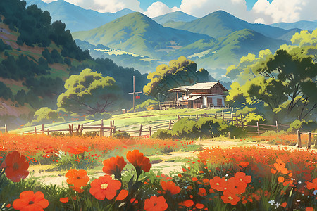 彩色菊花点缀的乡村风光图片