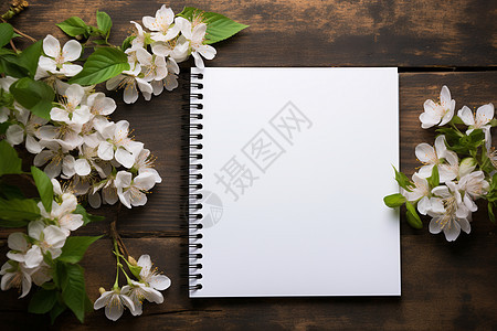 木桌上面的笔记本和花朵图片
